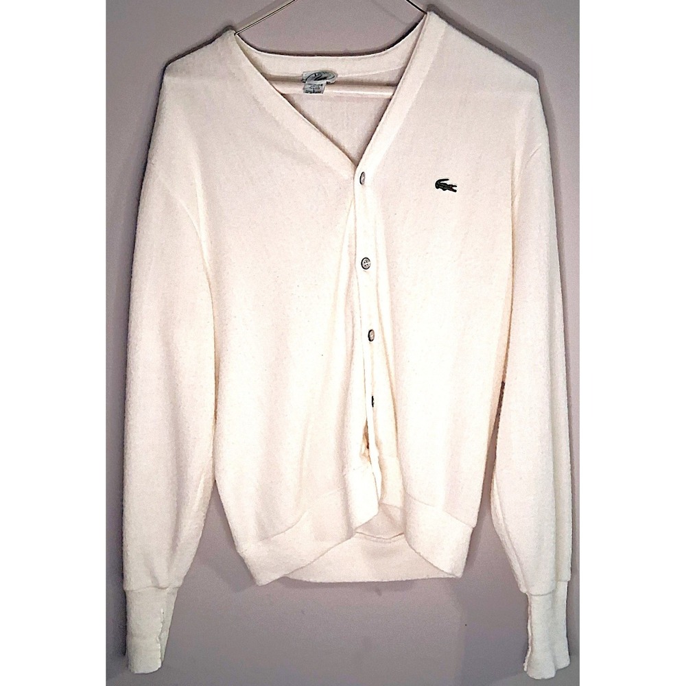 Izod Lacoste Cardigan Mens L White Vintage Preppy V-Neck Knit Sweater Logo 80s - Picture 2 of 13